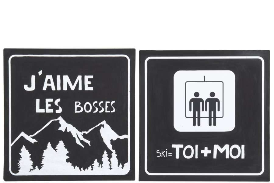 PLACARD SQUARE MOUNTAINS/SKI LIFT METAL BLACK/WHITE ASSORTMENT OF 2