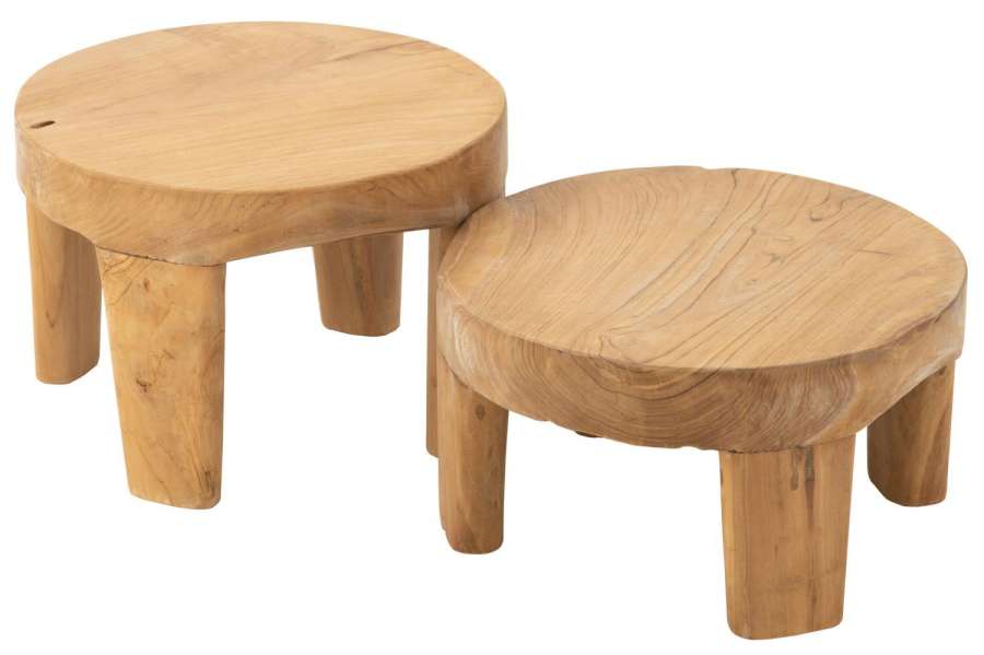 SET OF 2 TABLE ROUND TEAK WOOD NATURAL