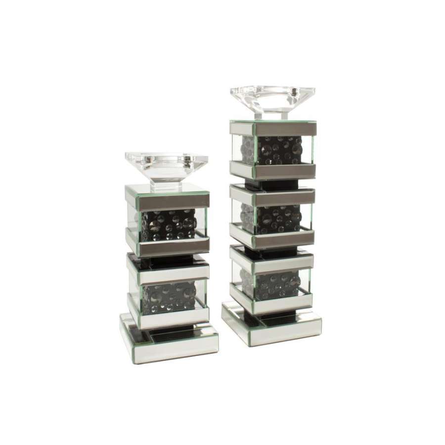 Lysestake i blank/sort  glass og speil -stor -13X39Cm