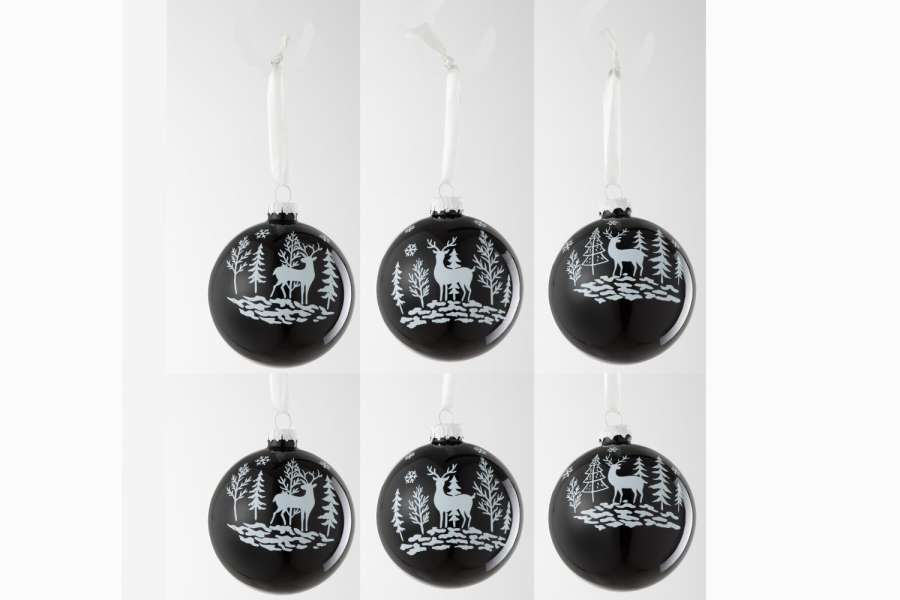 BOX OF 6 CHRISTMAS BAUBLE 2+2+2 REINDEER GLASS BLACK/WHITE