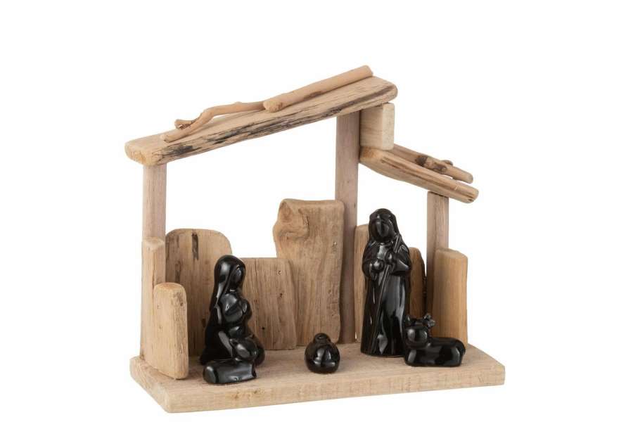 NATIVITY SCENE OBLIQUE ROOFS WOOD/CERAMIC NATURAL/BLACK