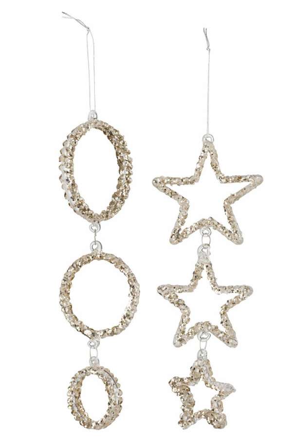 HANGER CIRCLE/STAR GLASS GLITTER CHAMPAGNE ASSORTMENT OF 2