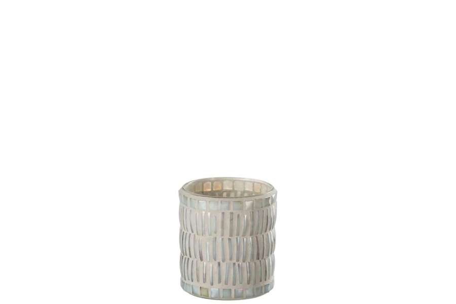 CANDLE HOLDER MOSAIC ROUND GLASS/CEMENT NACRE/GREY MEDIUM