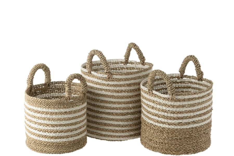 SET OF 3 BASKETS STRIPED RAFFIA WHITE/NATURAL