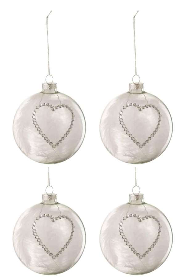 BOX OF 4 CHRISTMAS BAUBLES HEART STRASS SILVER FEATHER WHITE GLASS CLEAR MEDIUM