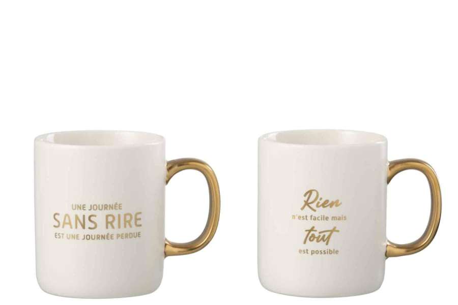 MUG MESSAGE POSITIF PORCELAIN WHITE / GOLD ASSORTMENT OF 2