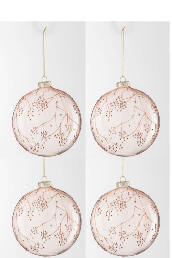 BOX OF 4 CHRISTMAS BAUBLE BRANCHES GLASS LIGHT PINK LARGE