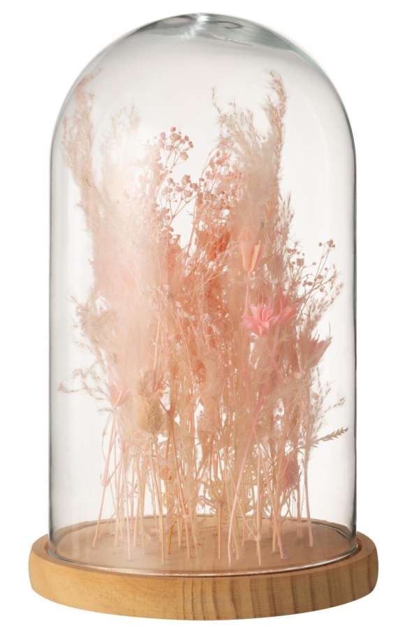 BELL JAR DRIED FLOWERS LIGHT PINK GLASS WOOD LARGE