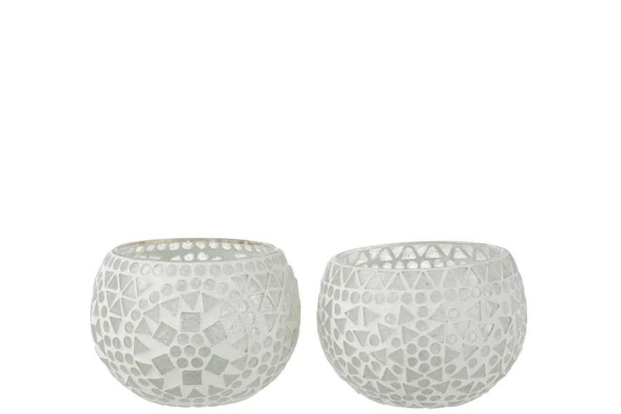 TEALIGHT HOLDER EKI MOSAIC GLASS WHITE MEDIUM ASSORTMENT OF 2