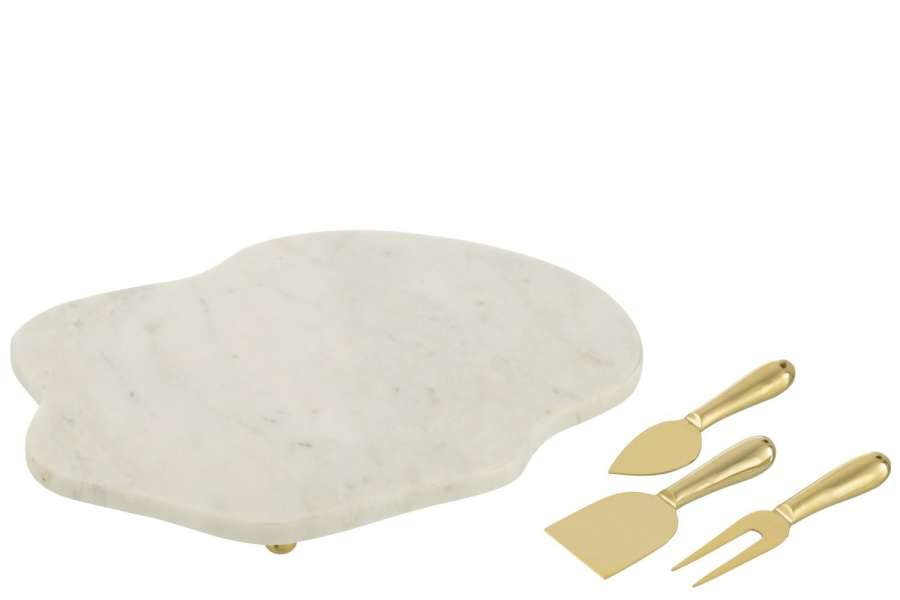 CHEESE BOARD + CHEESE KNIFE IRREGULAR MARBLE WHITE/GOLD COLORED