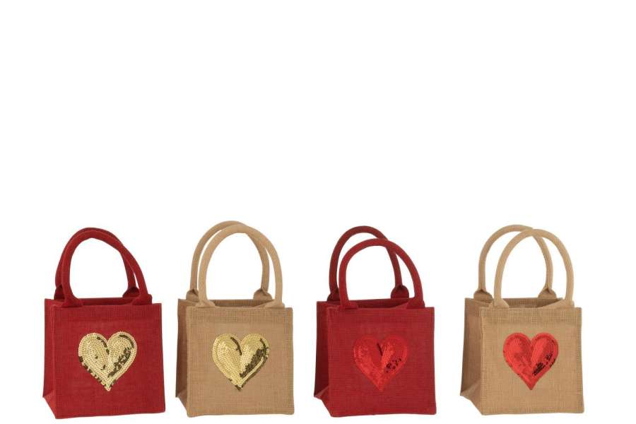 BAG HEART SEQUIN JUTE NATURAL/RED ASSORTMENT OF 4
