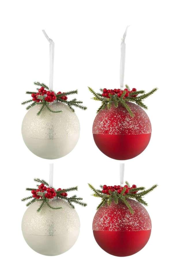 BOX OF 4 CHRISTMAS BAUBLES CHRISTMAS DECO+BERRIES SUGAR GLASS WHITE/RED SMALL