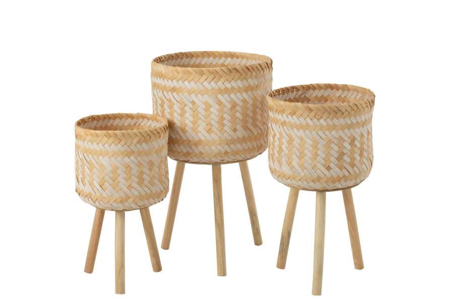 SET OF 3 BASKET PATTERNS 3 LEGS BAMBOO NATURAL/WHITE