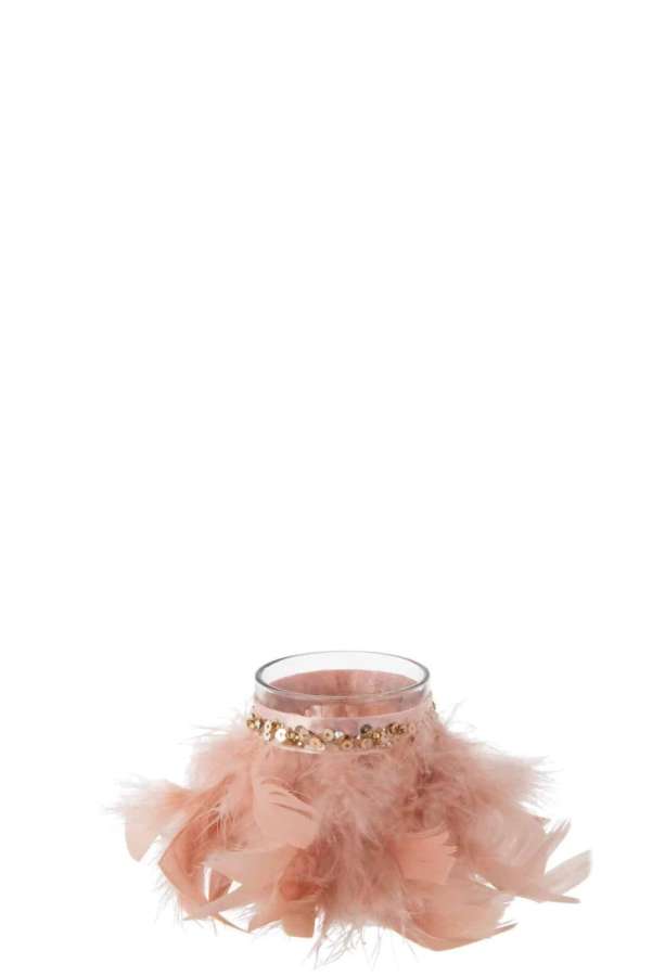 TEALIGHT HOLDER FEATHERS LIGHT PINK GLASS TRANSPARENT SMALL