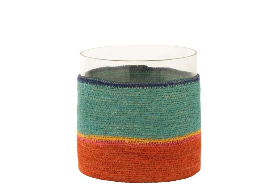 TEA LIGHT HOLDER ROUND+STRIPES GLASS/SEAGRASS BLUE/ORANGE