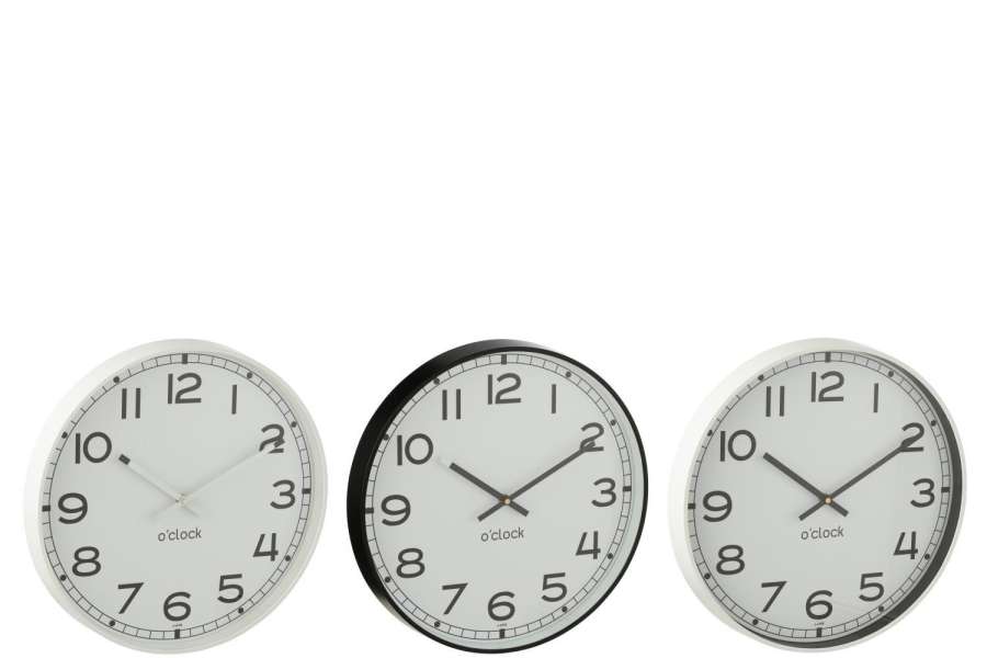 WALL CLOCK ROUND PLASTICWHITE/BLACK LARGE ASSORTMENT OF 3