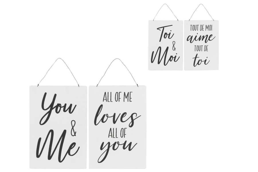 PLACARD TEXTS ENGLISH/FRENCH METAL WHITE/BLACK ASSORTMENT OF 2