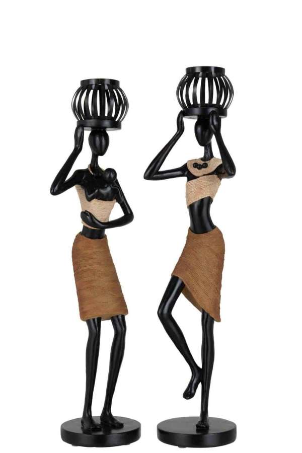 TEALIGHT HOLDER ON HEAD OF FIGURE ETHNIC POLY BROWN ASSORTMENT OF 2
