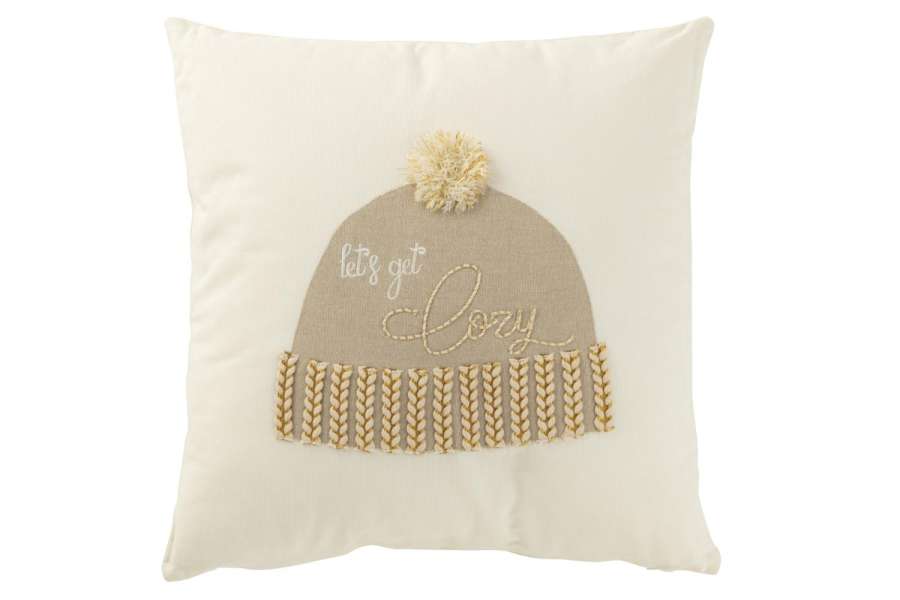 CUSHION BEANIE LET'S GET COZY COTTON WHITE/BEIGE