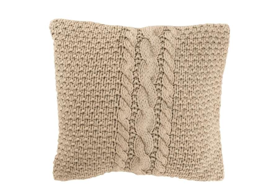 CUSHION KNITTED+BRAID COTTON WASHED BEIGE