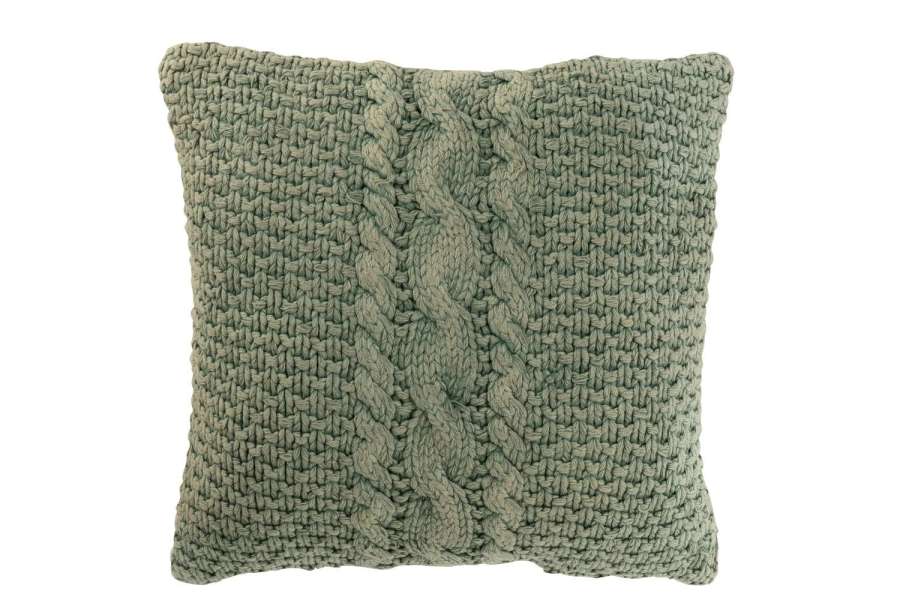 CUSHION KNITTED+BRAID COTTON WASHED GREEN