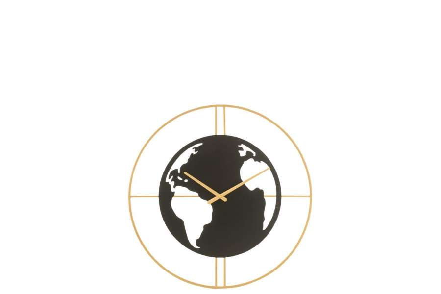 CLOCK WORLD MAP HOLES METAL BLACK/GOLD SMALL