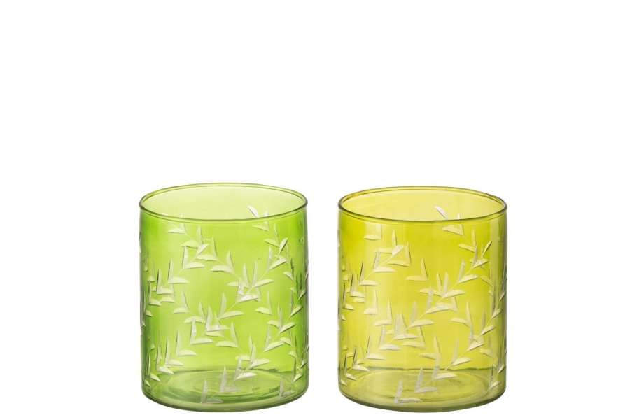 TEALIGHT HOLDER LEAVES GLASS GREEN LARGE ASSORTMENT OF 2