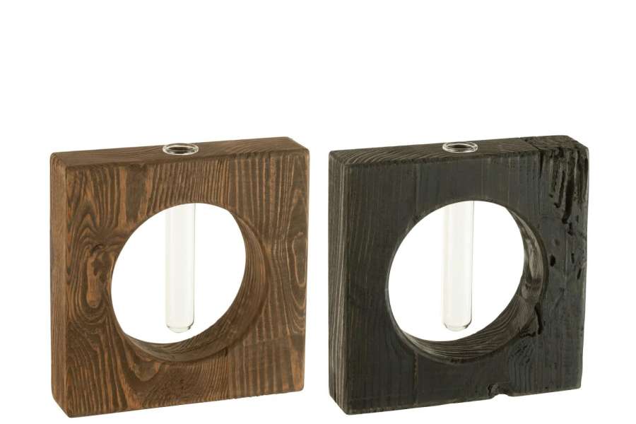 VASE 1 FLOWER PINE WOOD/GLASS BROWN/BLACK ASSORTMENT OF 2