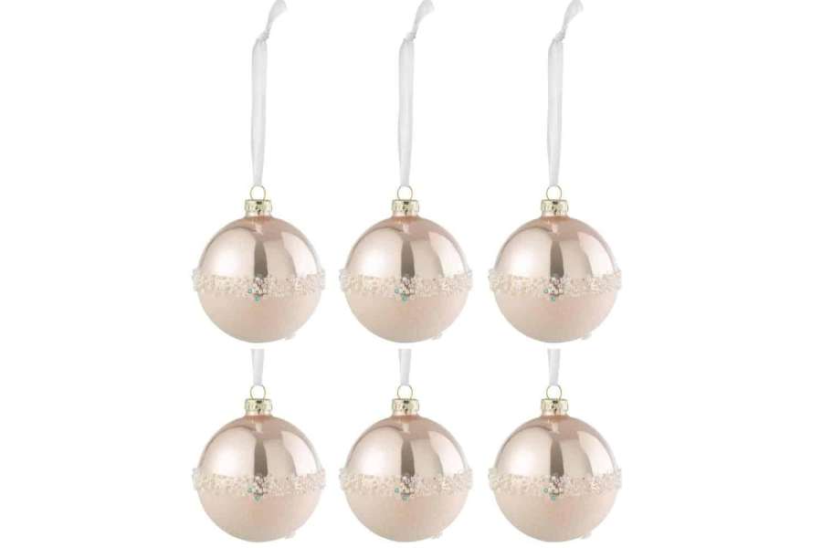 BOX OF 6 CHRISTMAS BAUBLES LINE SEQUINS GLASS MATTE/SHINY LIGHT PINK SMALL