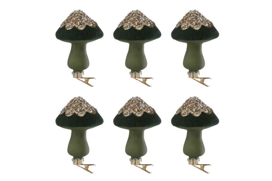 BOX OF 6 MUSHROOM + CLIP SEQUINS VELVET GREEN