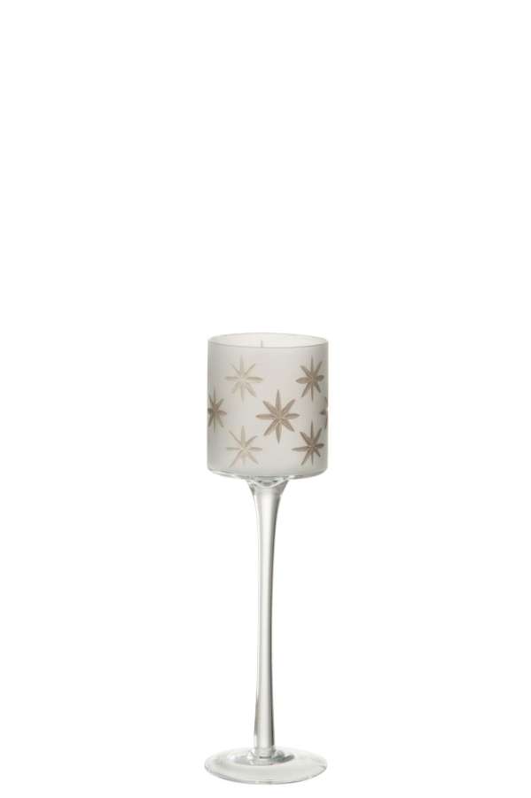 TEALIGHT HOLDER ON FOOT STAR GLASS WHITE/GOLD SMALL