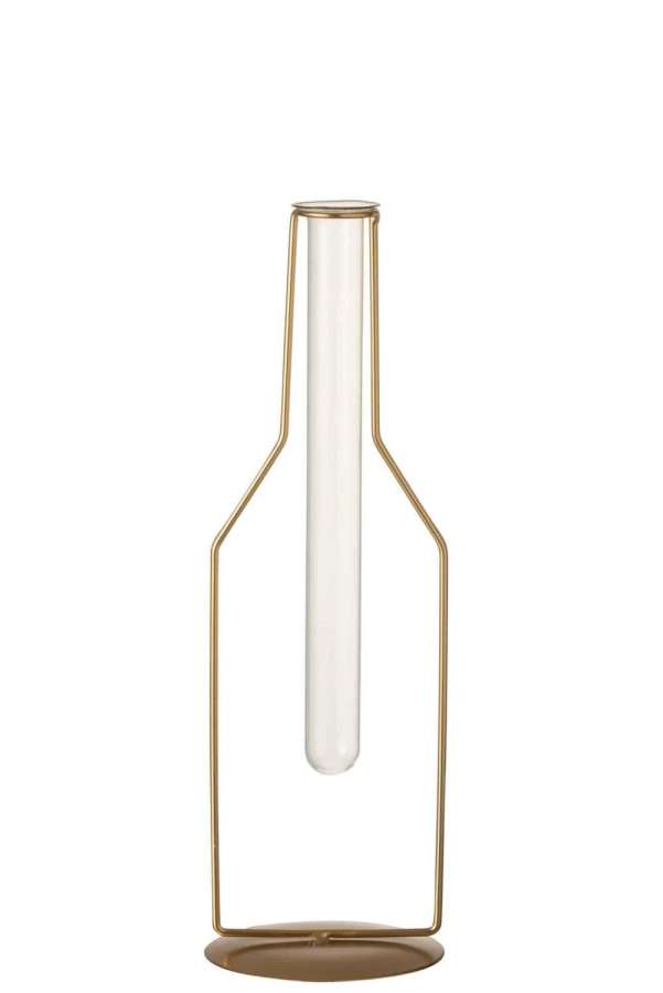 VASE 1 TUBE BOTTLE METAL/GLASS GOLD LARGE