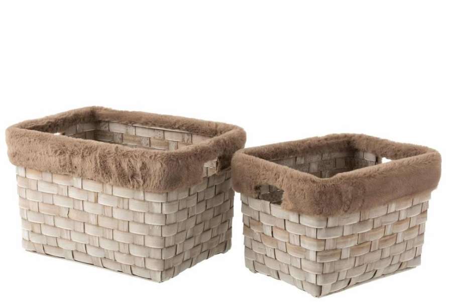 SET OF 2 BASKETS RECTANGLE+IMITATION FUR RATTAN FLAT BROWN