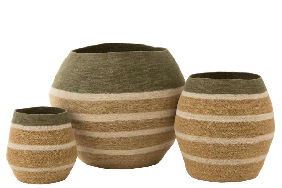 SET OF 3 BASKET STRIPES SEAGRASS GREEN/NATURAL