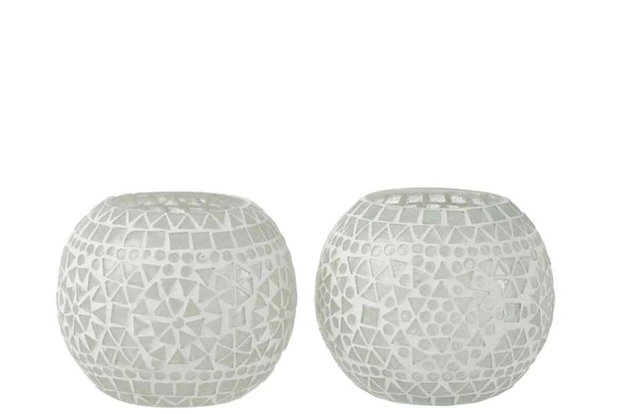 TEALIGHT HOLDER EKI MOSAIC GLASS WHITE LARGE ASSORTMENT OF 2