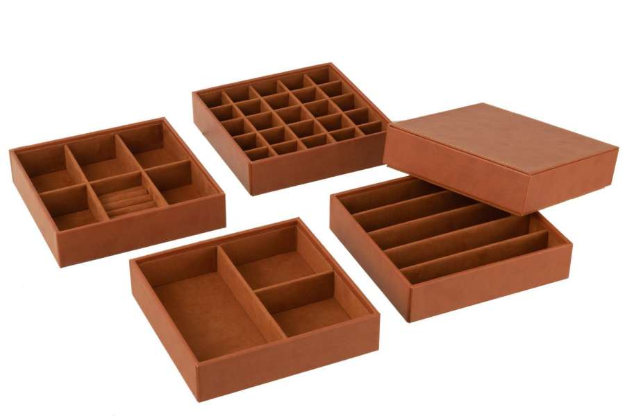 JEWELRY BOX 4 PARTS FAKE LEATHER COGNAC