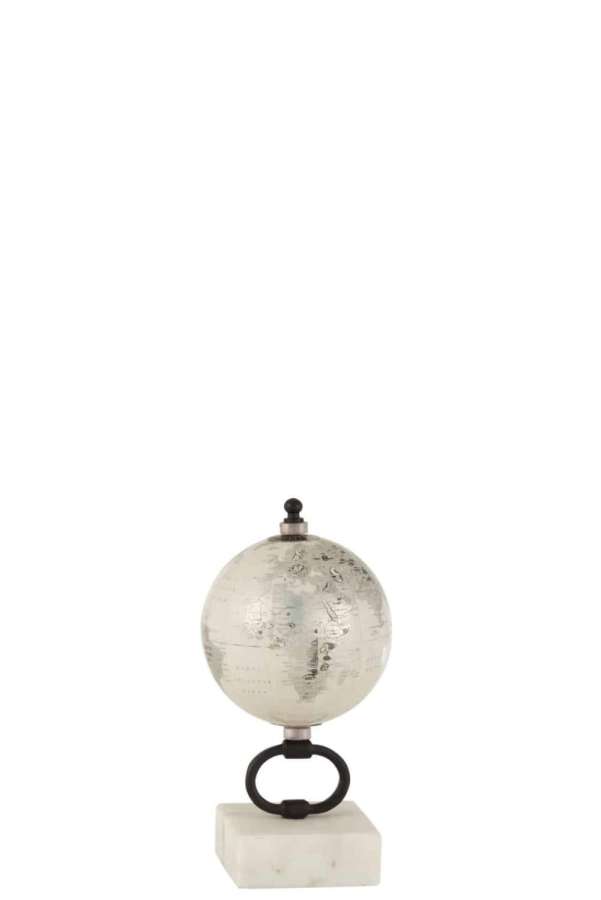 WORLD GLOBE ON FOOT MARBLE METAL WHITE/SILVER/BLACK SMALL