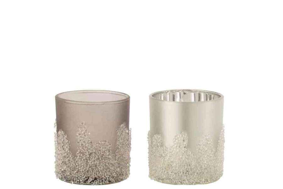 TEALIGHT HOLDER SUGAR FROSTED GREY/SILVER SMALL ASSORTMENT OF 2