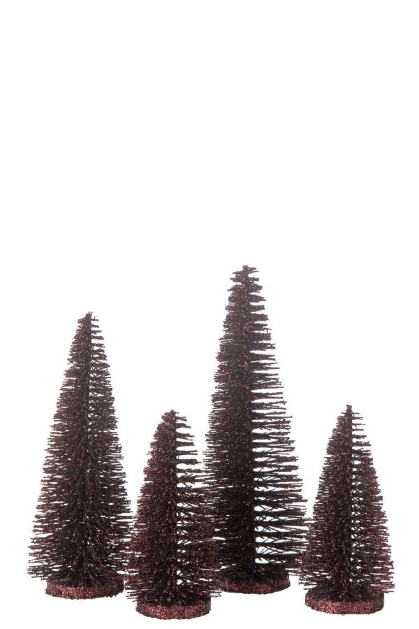 BOX OF 4 CHRISTMAS TREE DECO GLITTERS PLASTIC BURGUNDY