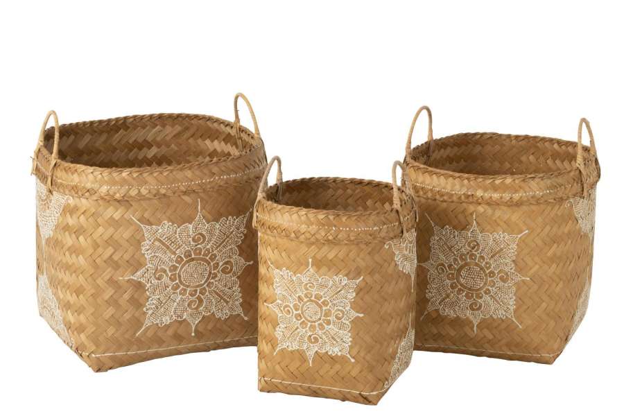SET OF 3 BASKETS DRAWING BAMBOO WHITE/NATURAL