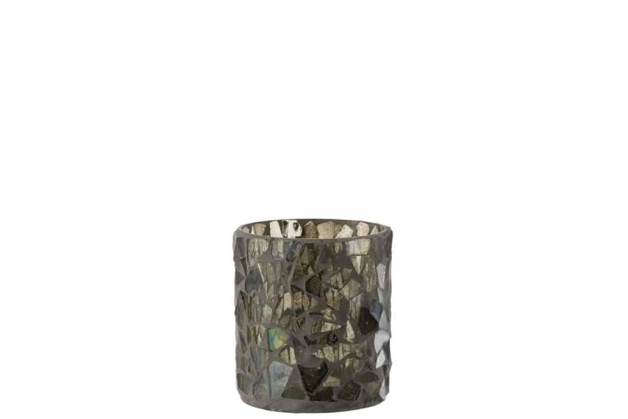 TEALIGHT HOLDER MOSAIC GLASS GREY/GREEN SMALL