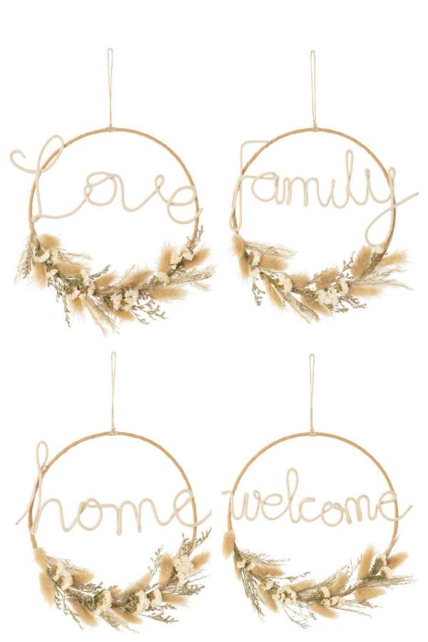 HANGING WREATH WITH WORDS DRIED FLOWERS NATURAL ASSORTMENT OF 4