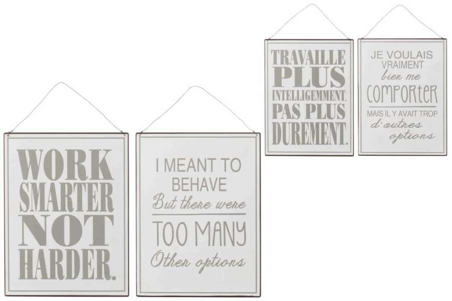 PLACARD WORK OPTIONS ENGLISH/FRENCH METAL WHITE/GREY ASSORTMENT OF 2