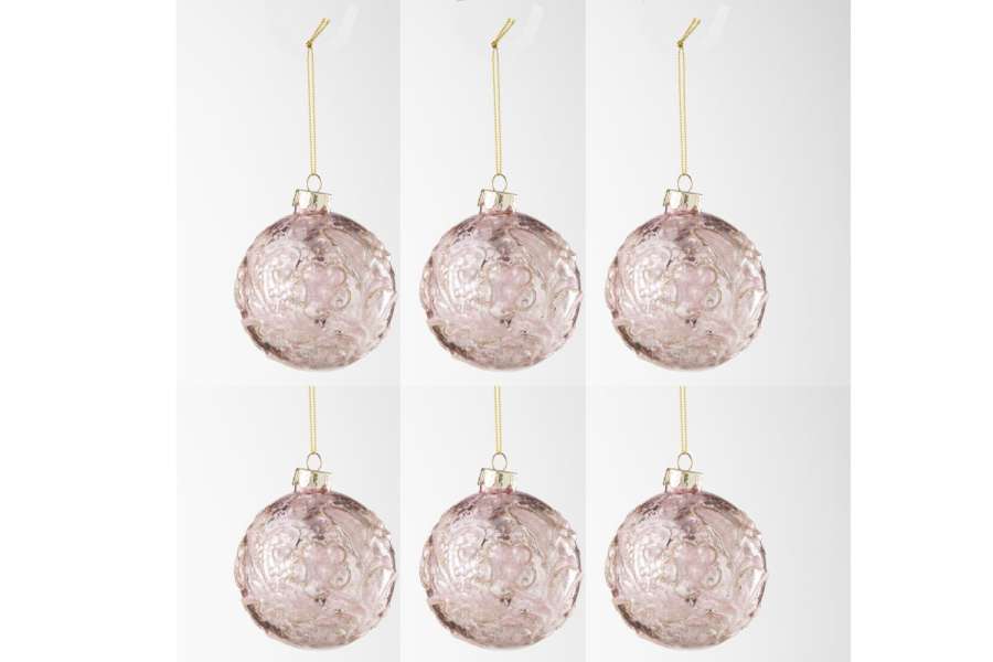 BOX OF 6 CHRISTMAS BAUBLE MOTIVE ROSE SEQUINS GLASS LIGHT PINK SMALL
