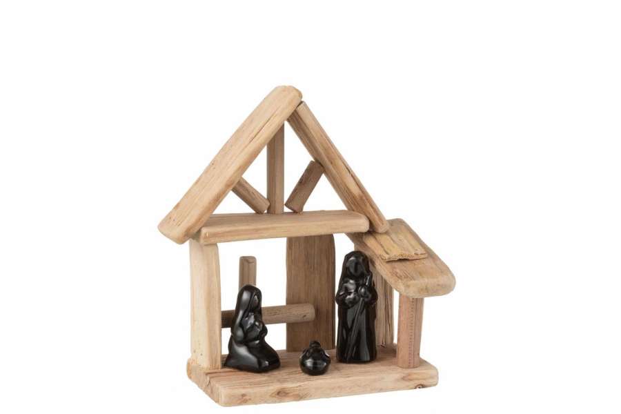 NATIVITY SCENE HOUSE WOOD/CERAMIC NATURAL/BLACK