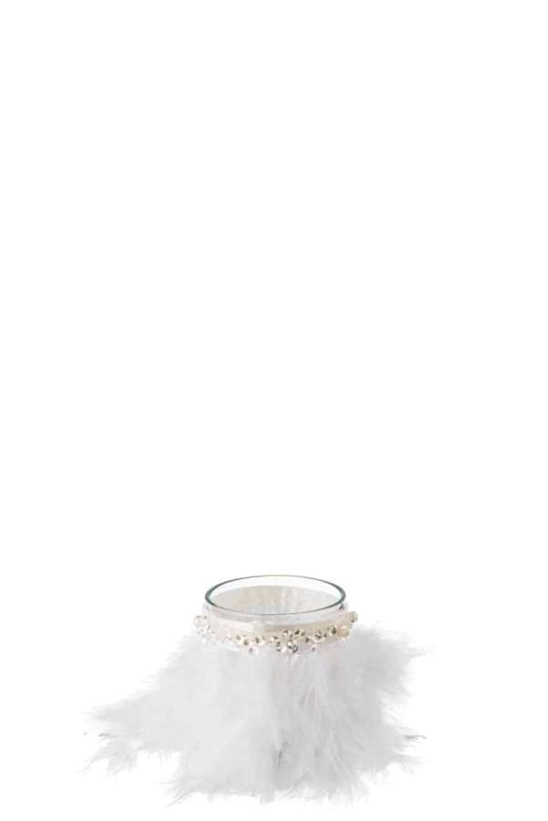 TEALIGHT HOLDER FEATHERS WHITE GLASS TRANSPARENT SMALL