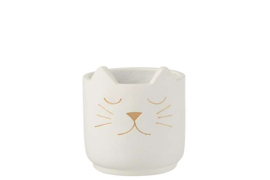 FLOWER POT CAT CEMENT WHITE GOLD SMALL