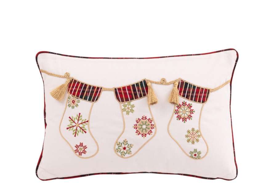 CUSHION CHRISTMAS STOCKING COTTON WHITE/CHRISTMAS RED