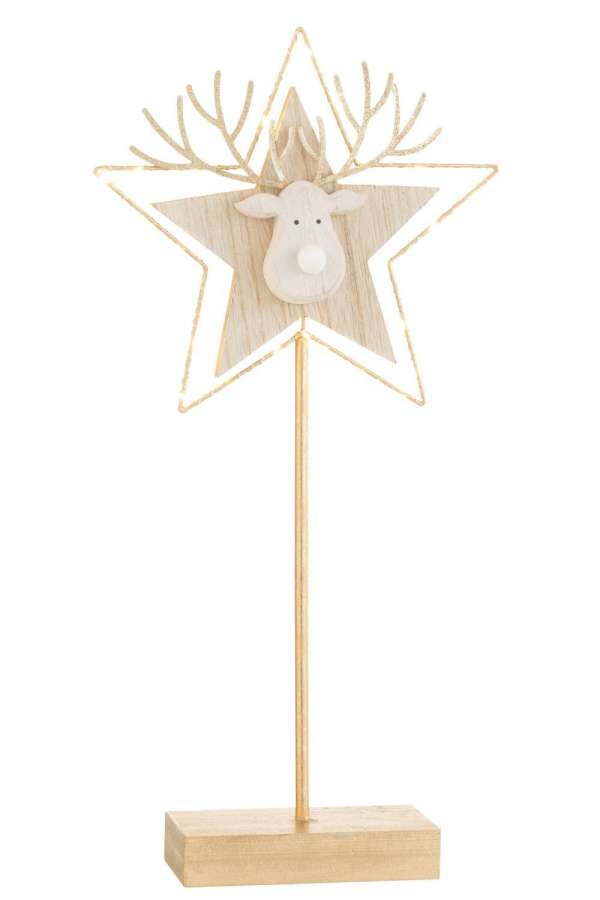 REINDEER/STAR ON FOOT+LED WOOD GOLD/WHITE LARGE