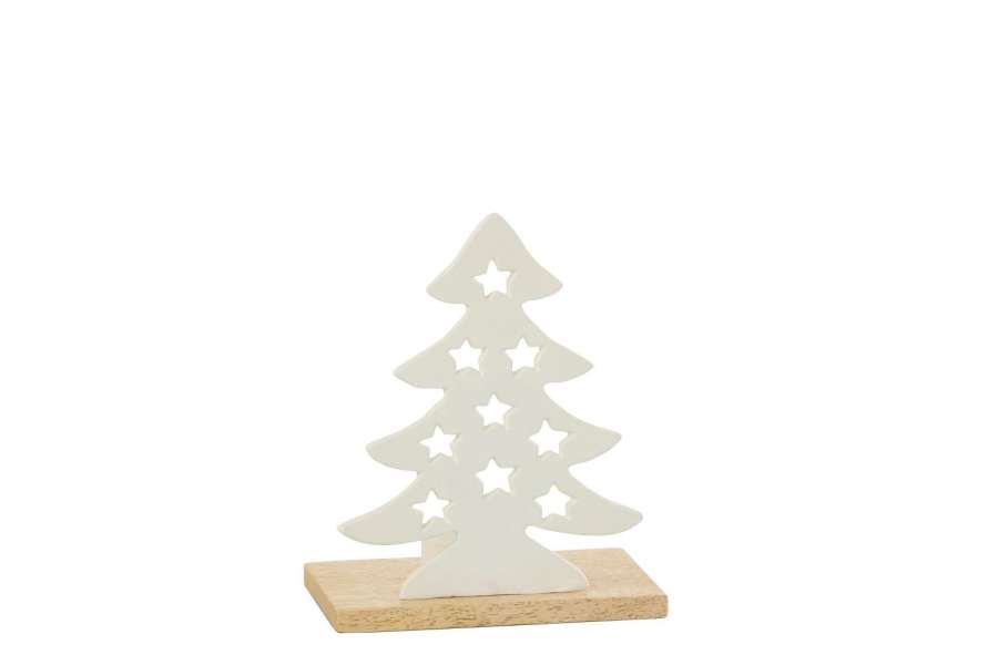 TEALIGHT HOLDER CHRISTMAS TREE ALUMINIUM/WOOD WHITE/NATURAL SMALL